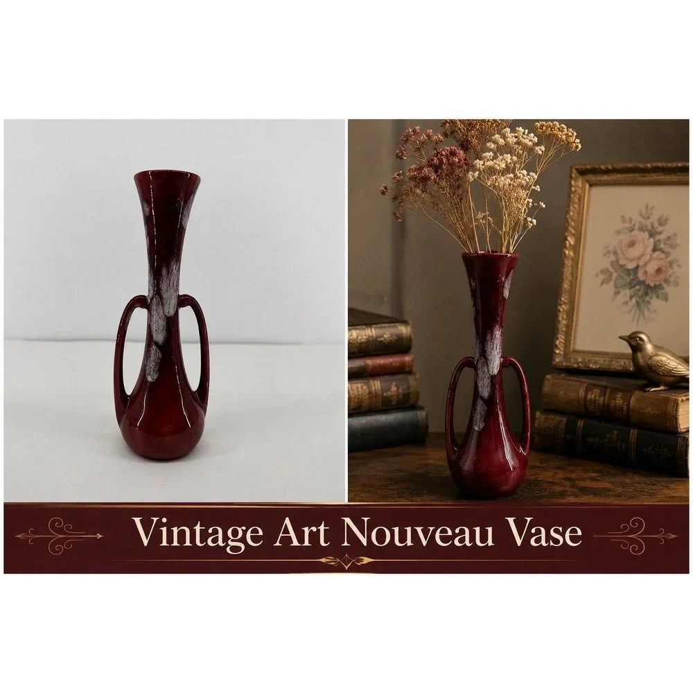 Vtg Art Nouveau Red Subtle Floral Drip Glaze Mid Century Double Handled Bud Vase